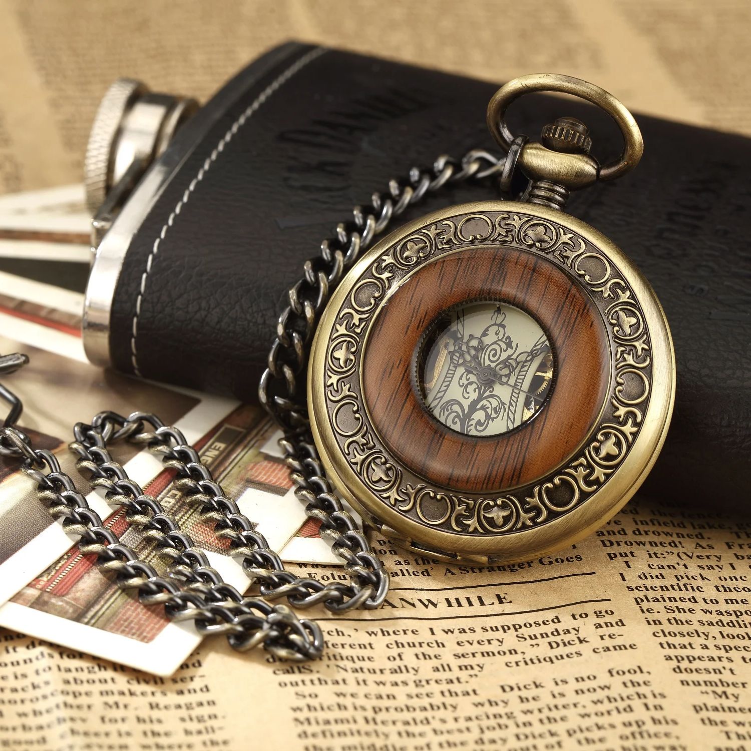 Pocket Watch Mechanical Skeleton Vintage - Vintage luxury wooden ring skeleton pocket