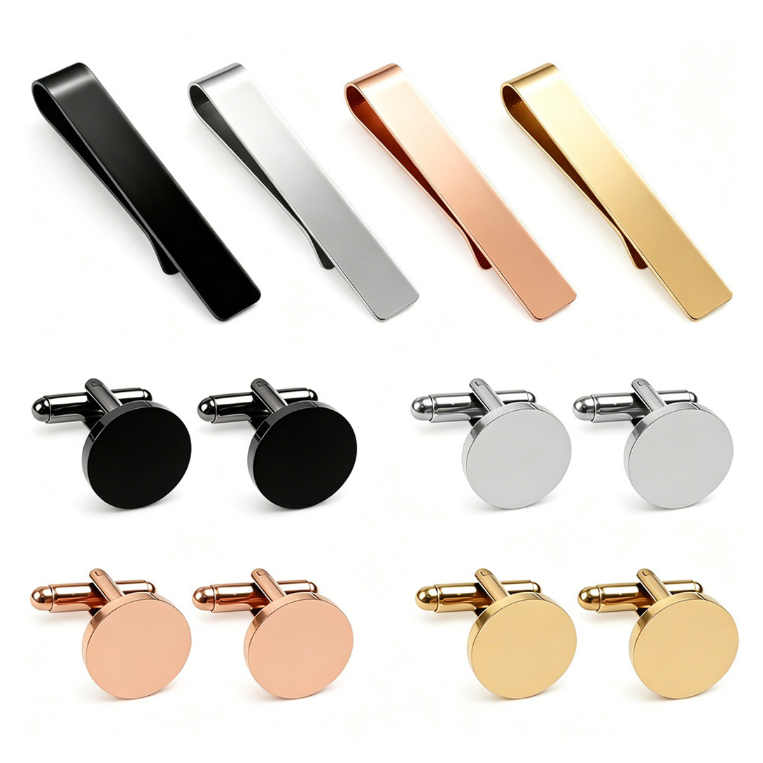 Tie Clip Bar Set Stainless Steel - 3 Sets Classic Round Cufflinks&Tie Bar