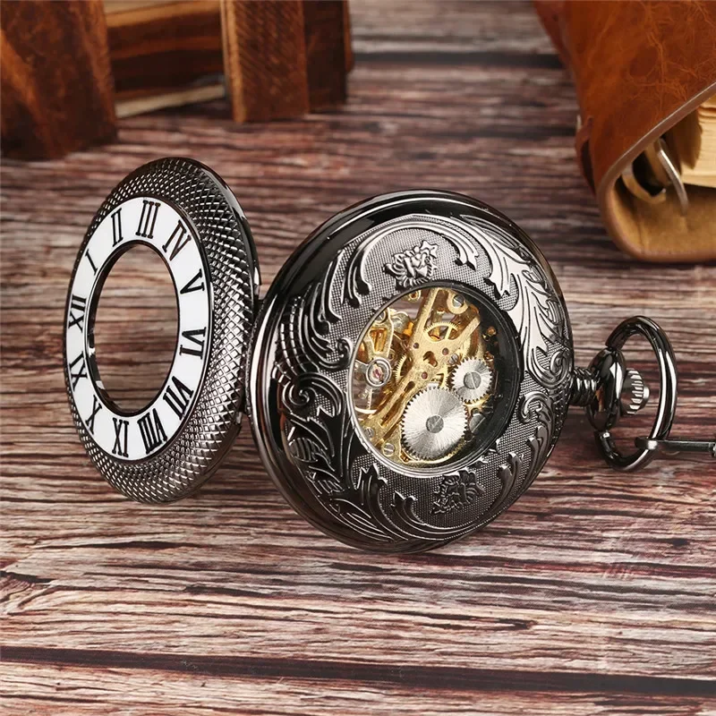 Vintage Black Half Hunter Men  - Pocket Watch Mechanical Skeleton Vintage 评论和价格