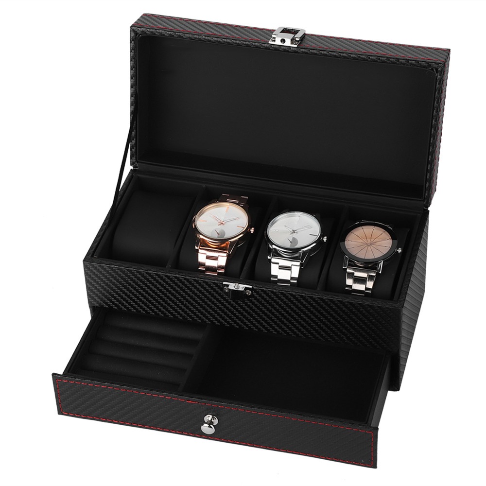 Portable Black Jewelry Organiz - Watch Display Storage Box Carbon Fiber 评论和价格